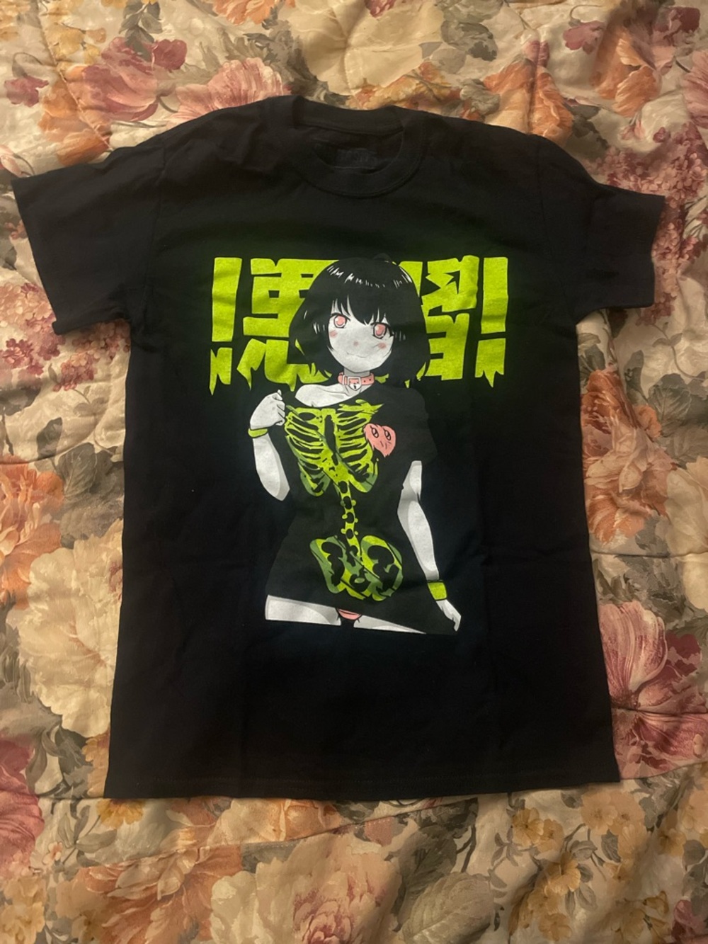 Black Kids Graphic Tee with Neon Green Skeleton Anime Girl Print